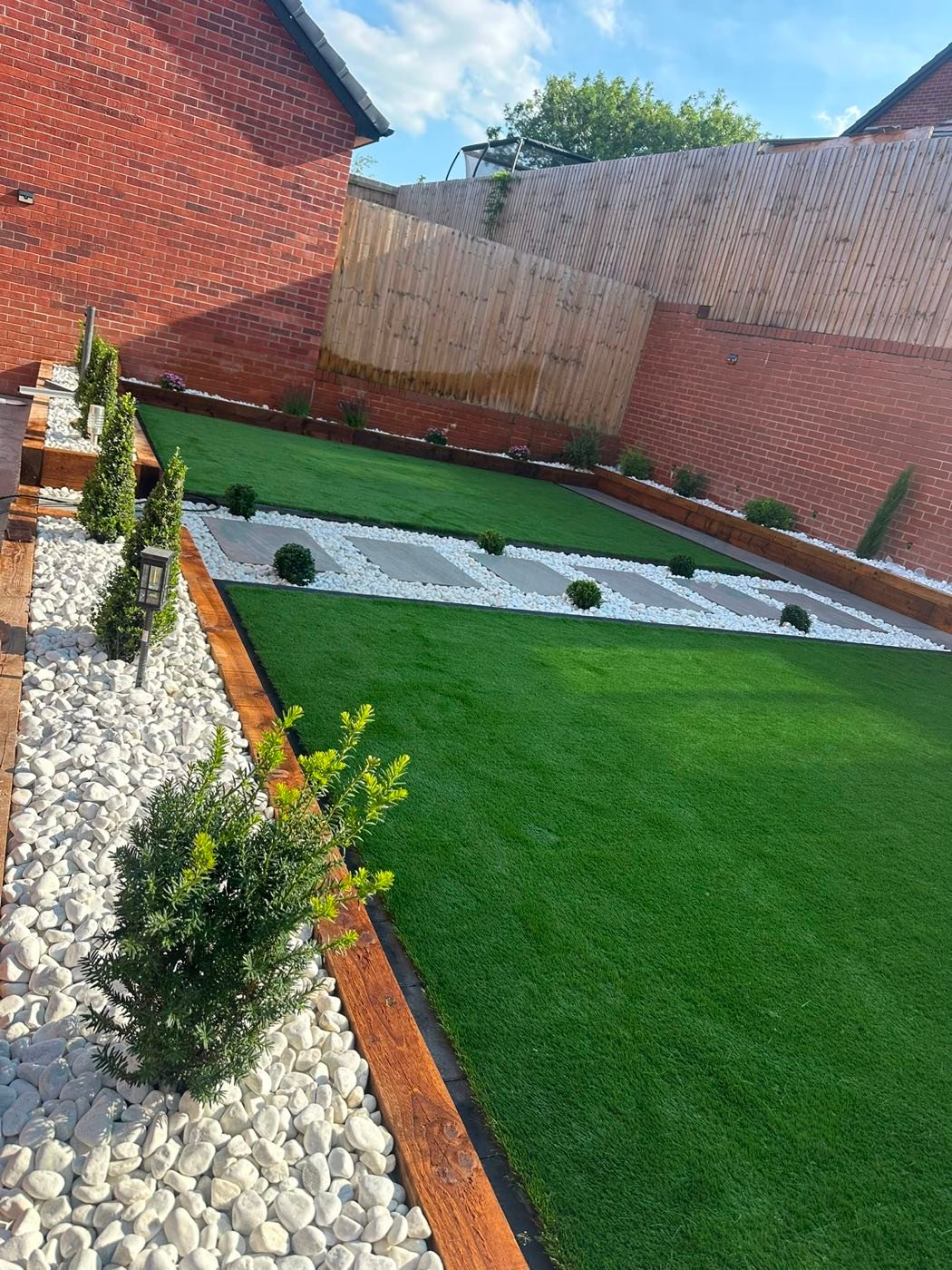 Landscaped back garden with artificial turf and timber sleepers by North West Landscapes